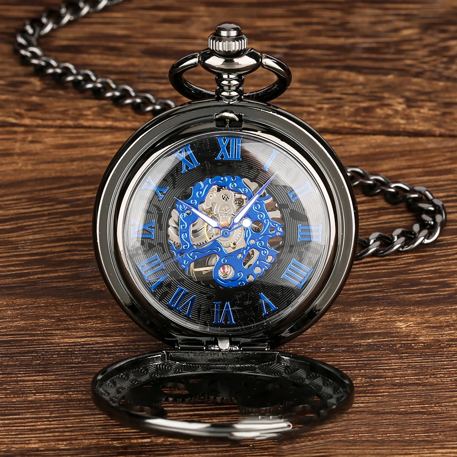 Montre à Gousset Mécanique Squelette Bleue