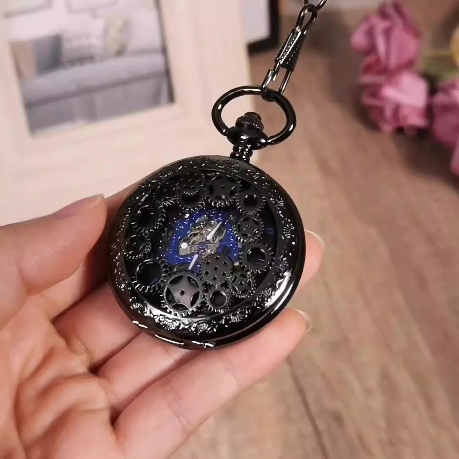 Montre à Gousset Mécanique Squelette Bleue