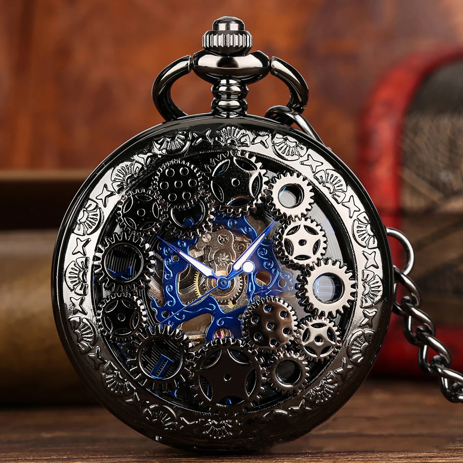 Montre à Gousset Mécanique Squelette Bleue