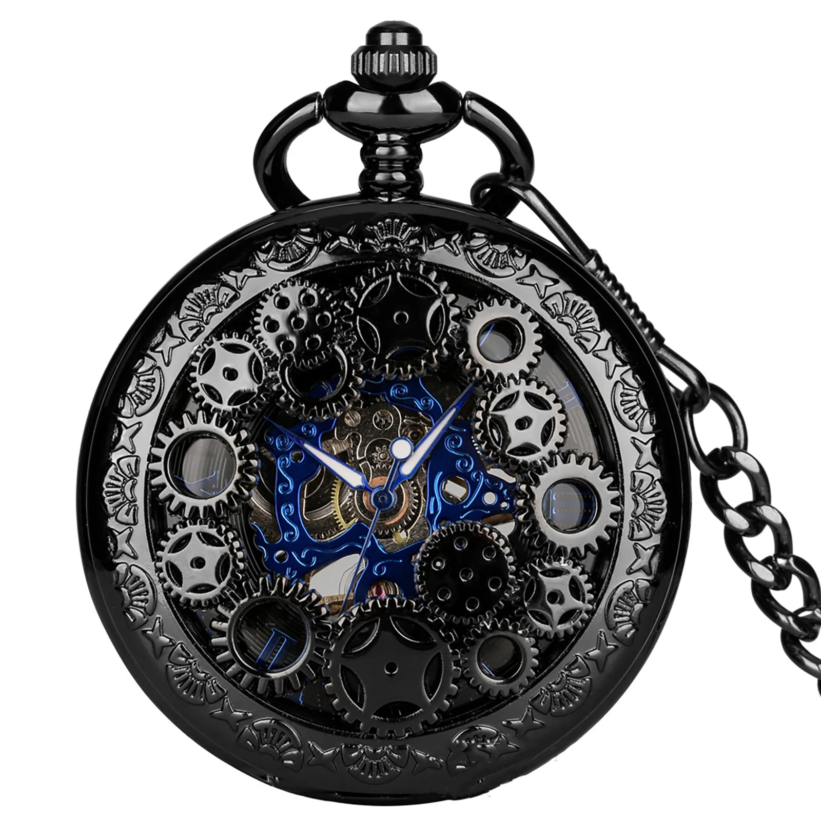 Montre à Gousset Mécanique Squelette Bleue