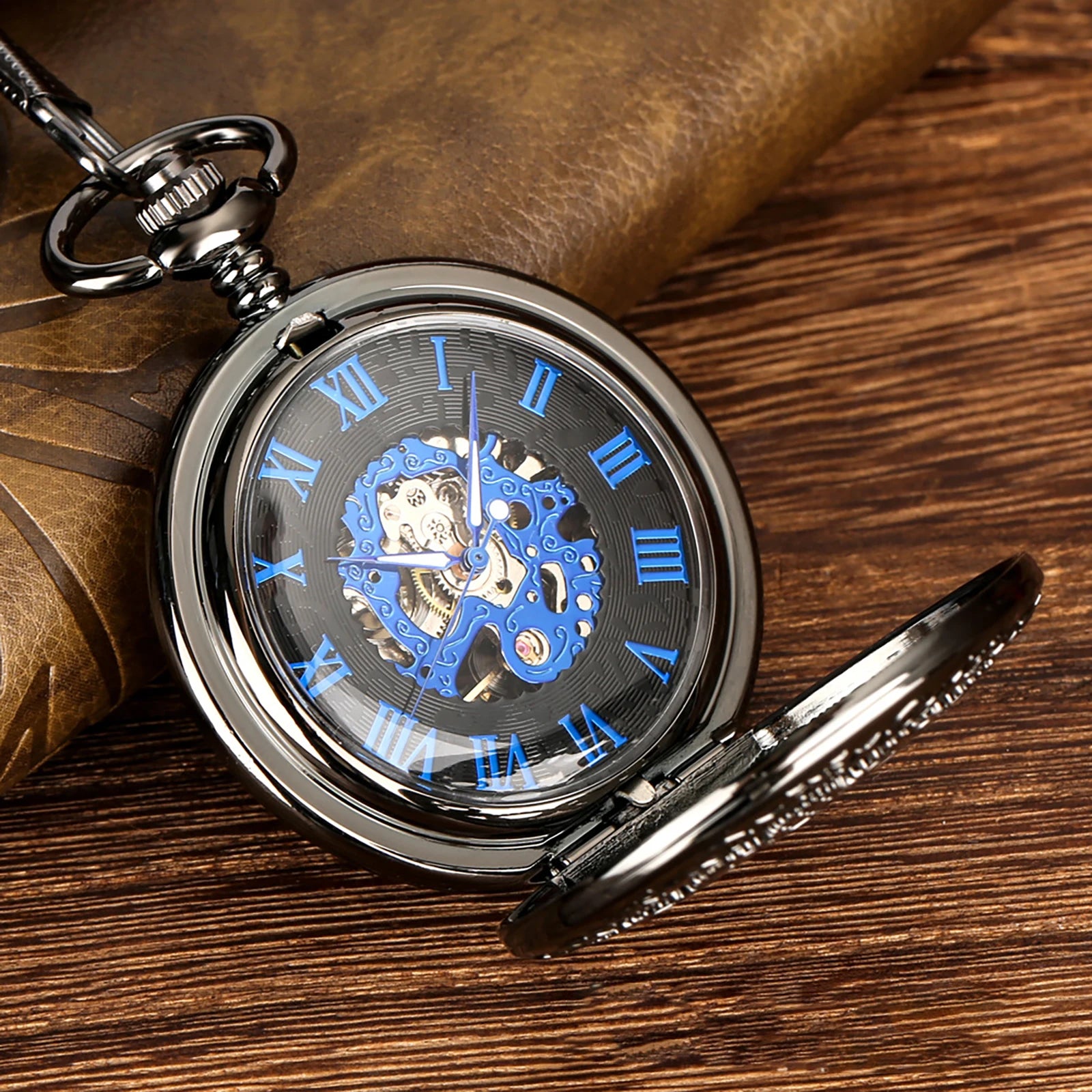 Montre à Gousset Mécanique Squelette Bleue