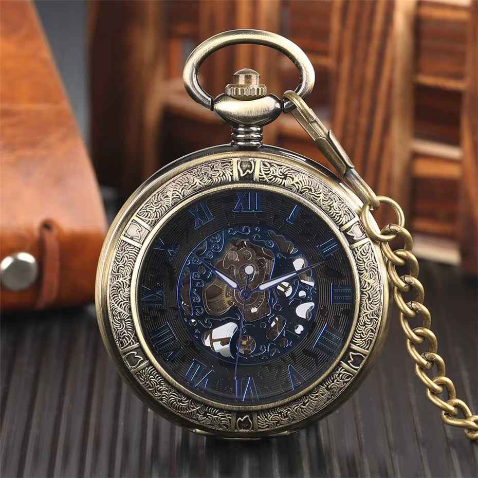 Montre Gousset Mécanique Chasseur Noir Chiffres Romains Bleus