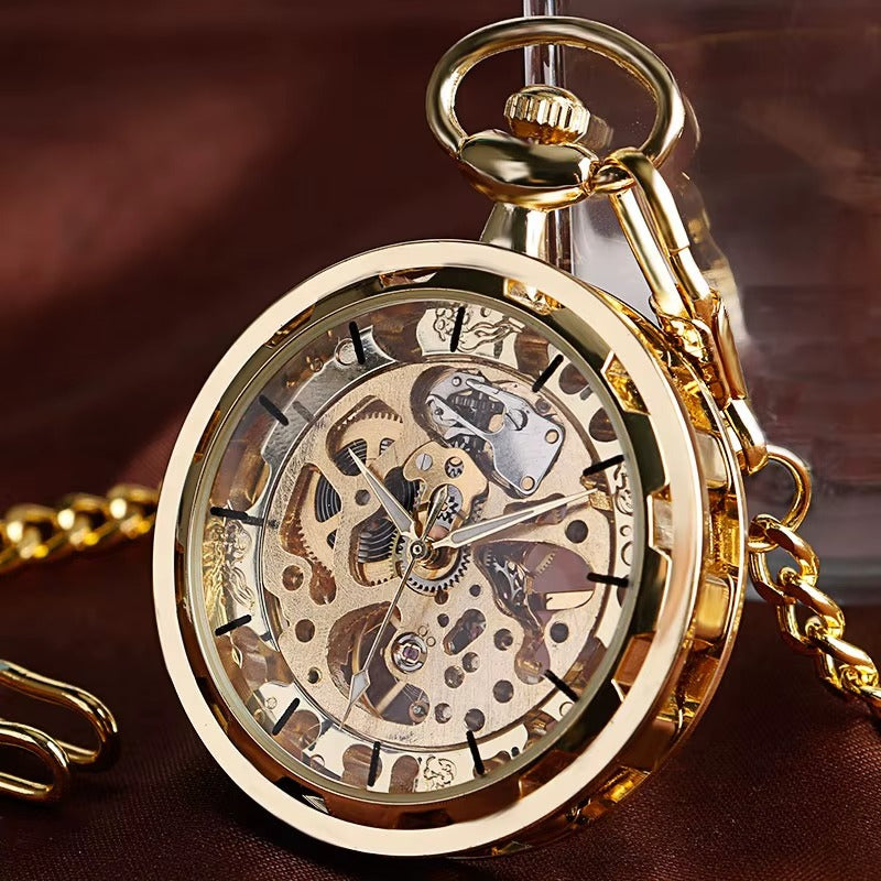 Montre Gousset Mécanique Steampunk Squelette Pendentif Or