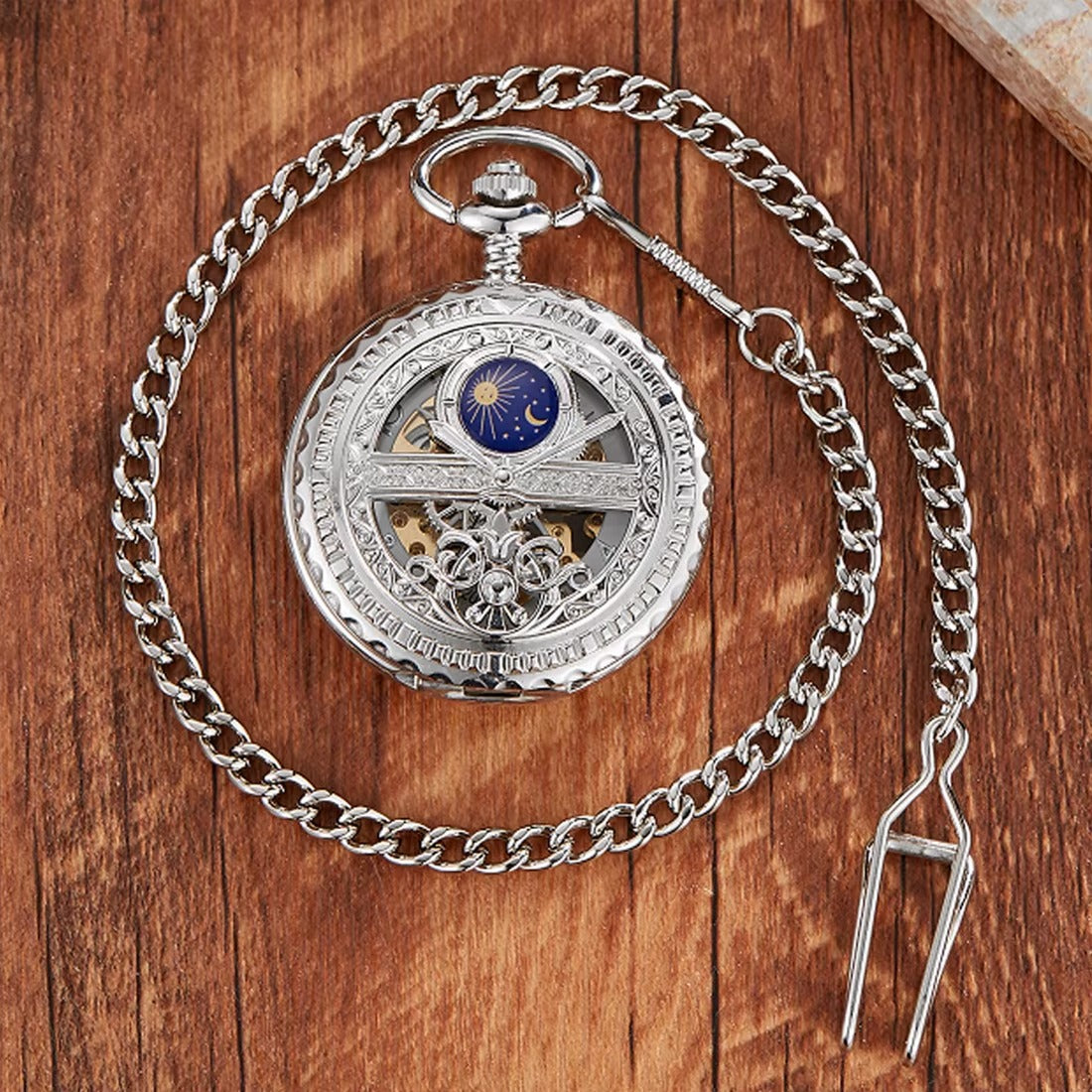 Montre Gousset Mécanique Squelette Vintage Pendentif Argenté Luxe