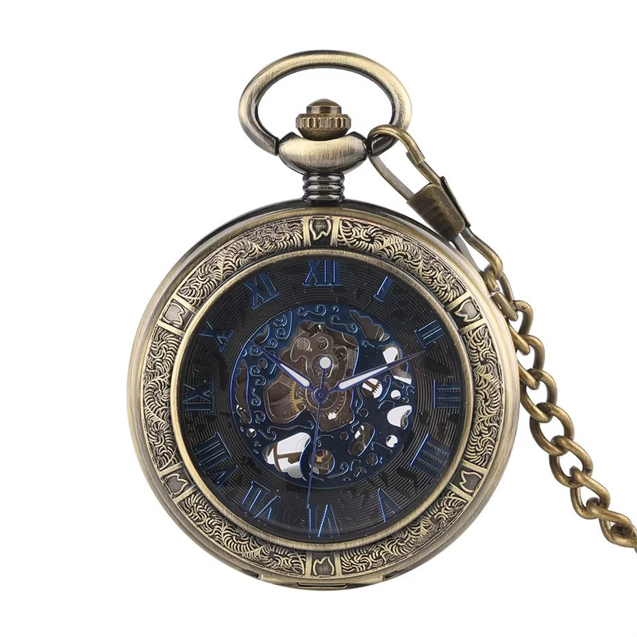 Montre Gousset Mécanique Chasseur Noir Chiffres Romains Bleus