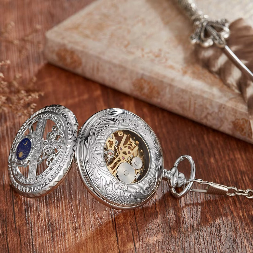 Montre Gousset Mécanique Squelette Vintage Pendentif Argenté Luxe