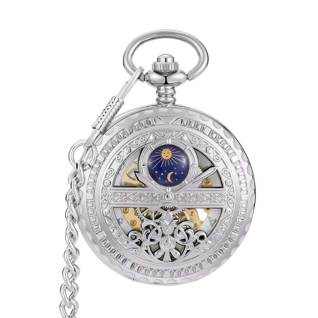 Montre Gousset Mécanique Squelette Vintage Pendentif Argenté Luxe